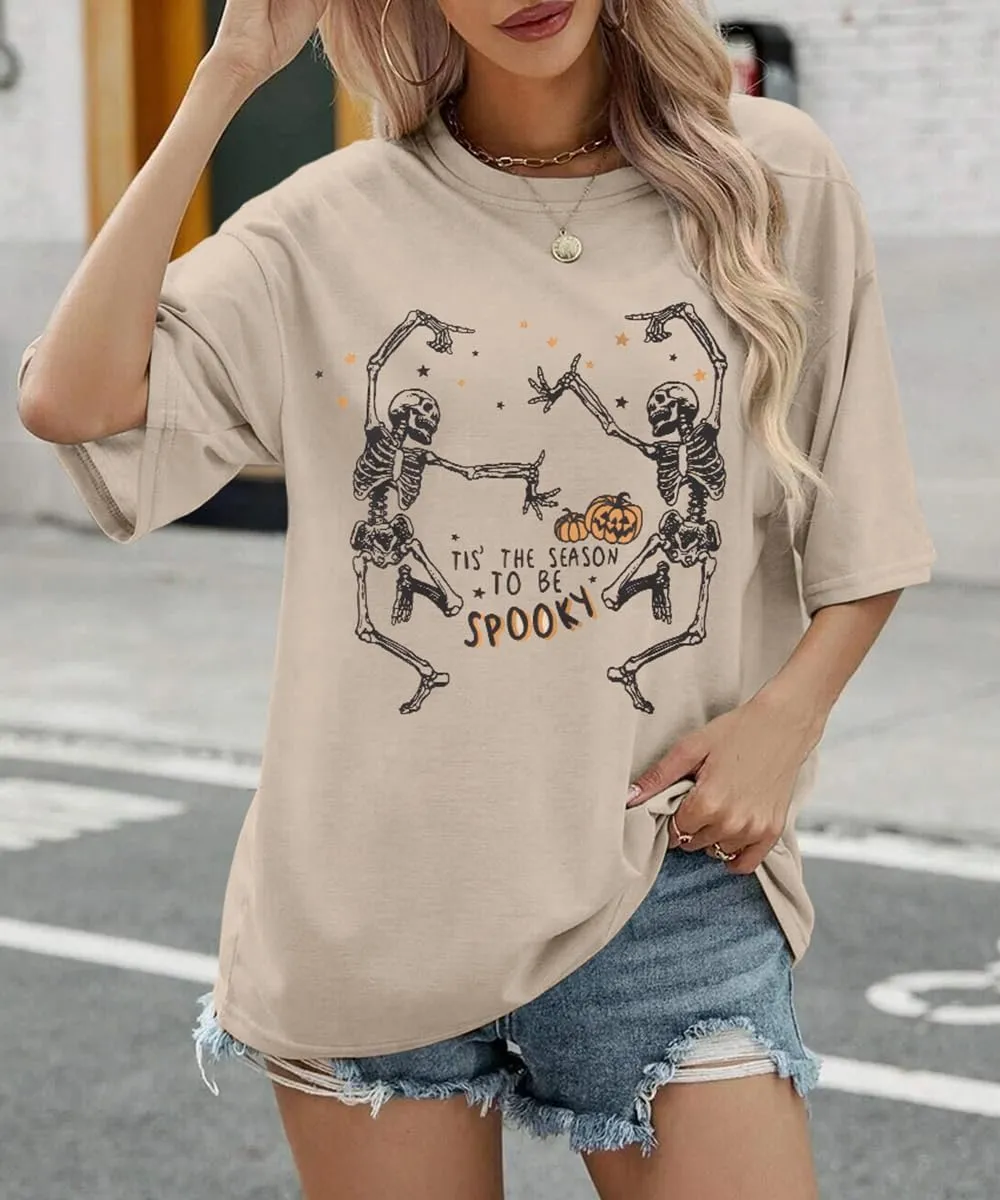 KEKEMI Halloween Dancing Skeleton Tshirts for Women Tis The Season to Be Spooky Shirt Horror Skull Printed Oversized Tee Tops