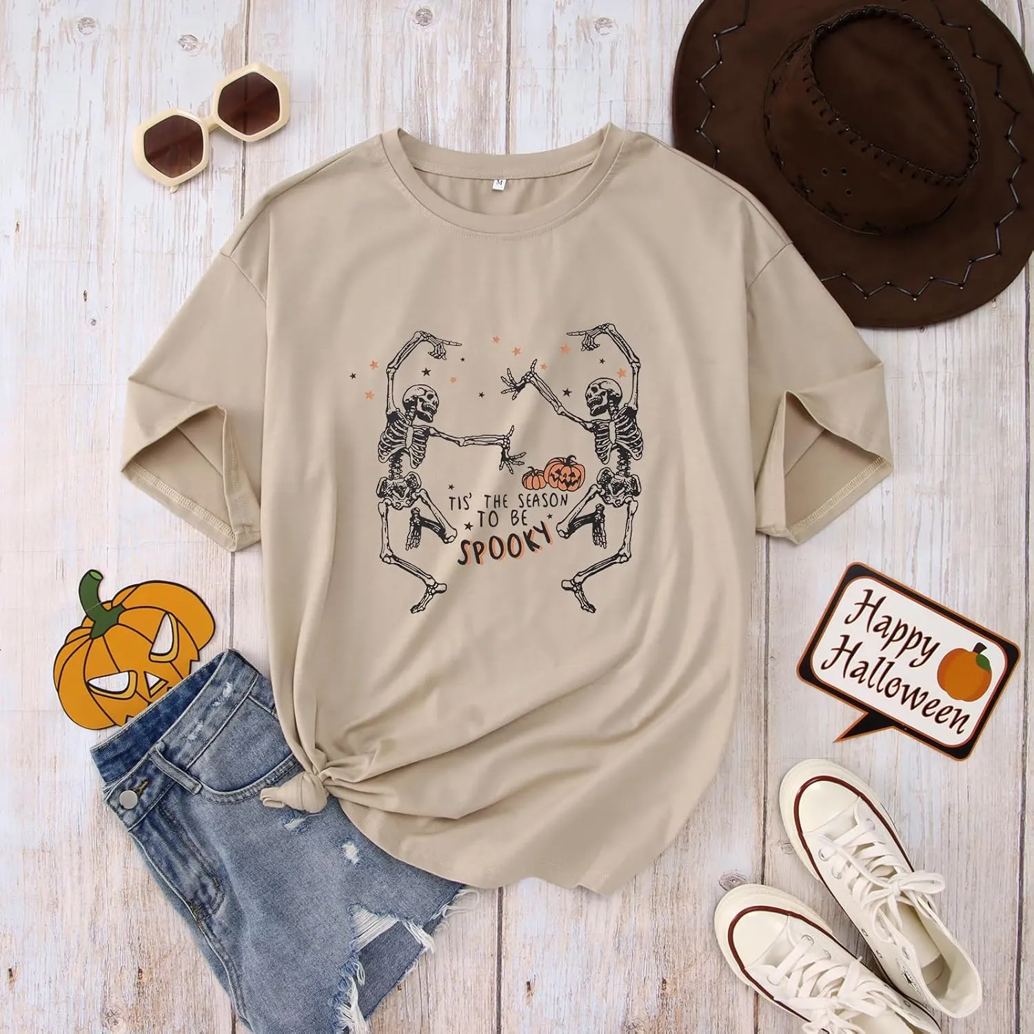 KEKEMI Halloween Dancing Skeleton Tshirts for Women Tis The Season to Be Spooky Shirt Horror Skull Printed Oversized Tee Tops
