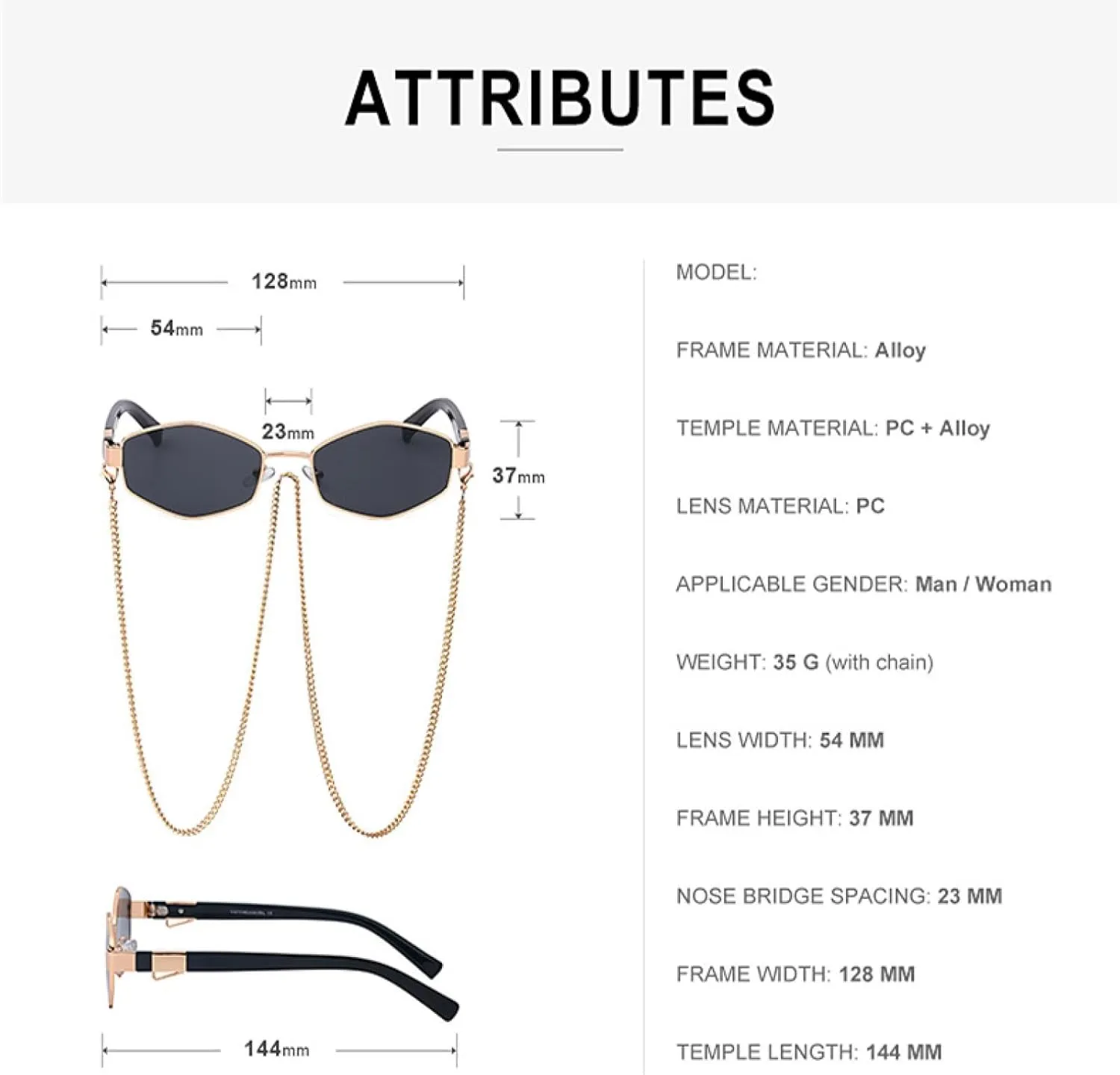 Ladies Fashion Sunglasses Small Frame with Chain Fashion Luxury Metal Classic Tone Quality Casual