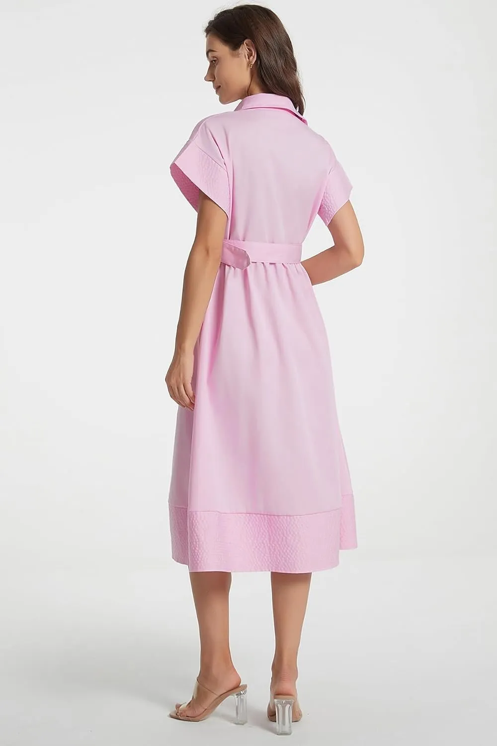 Ladyful Women Casual Button Down Shirt Dress Short Wing Sleeve Buiness Midi Shirt Dress with Belt Elegant Dress