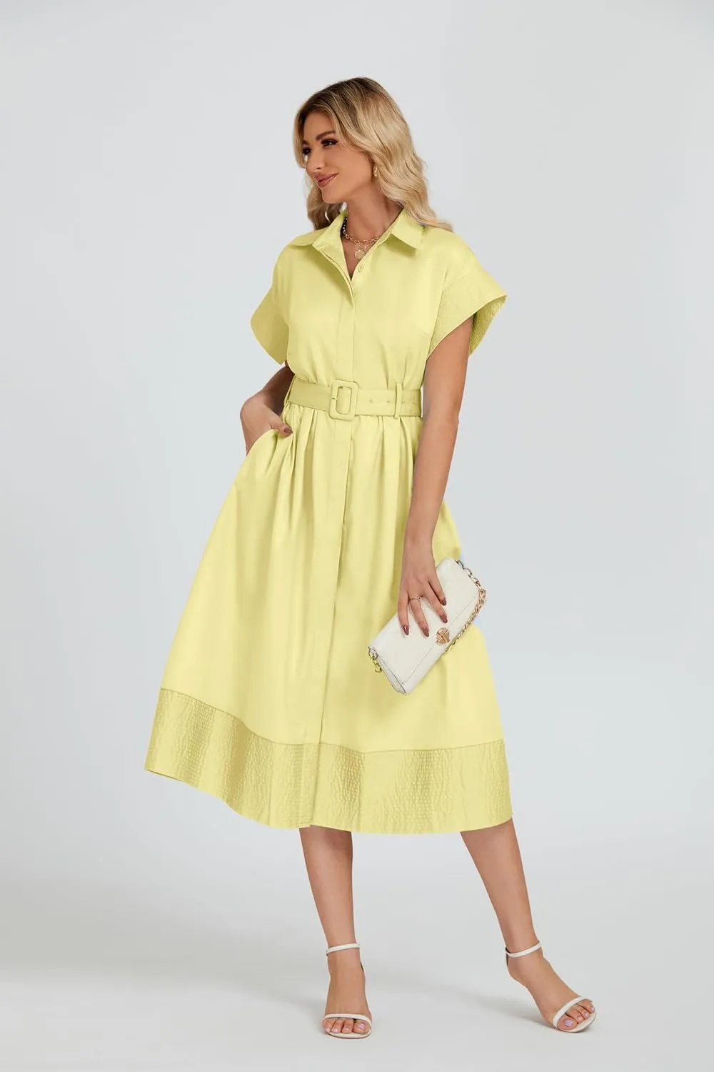 Ladyful Women Casual Button Down Shirt Dress Short Wing Sleeve Buiness Midi Shirt Dress with Belt Elegant Dress