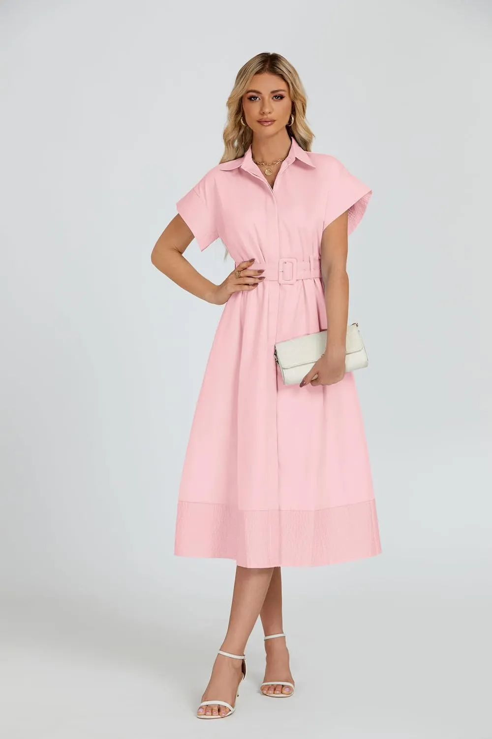 Ladyful Women Casual Button Down Shirt Dress Short Wing Sleeve Buiness Midi Shirt Dress with Belt Elegant Dress