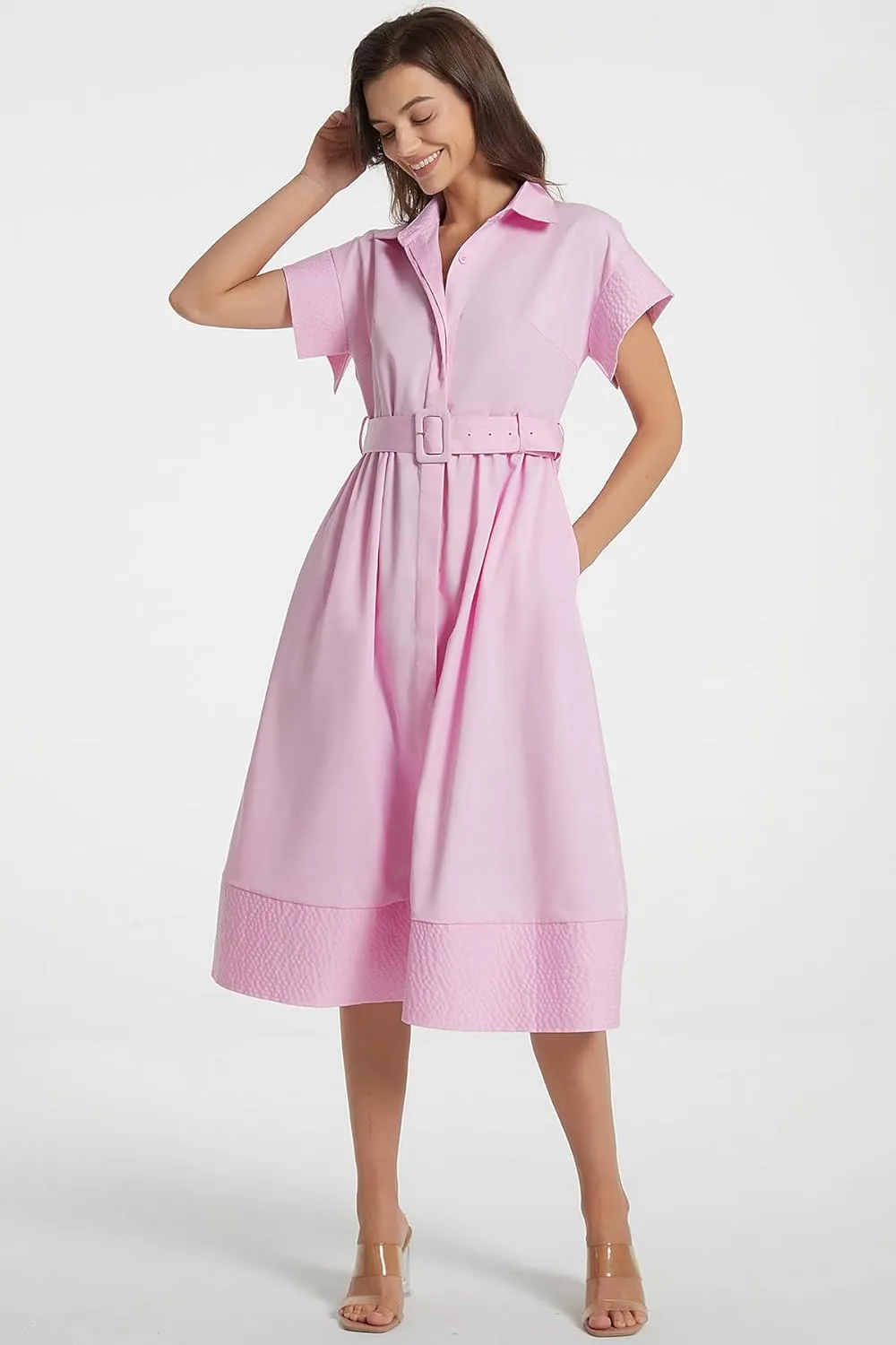 Ladyful Women Casual Button Down Shirt Dress Short Wing Sleeve Buiness Midi Shirt Dress with Belt Elegant Dress
