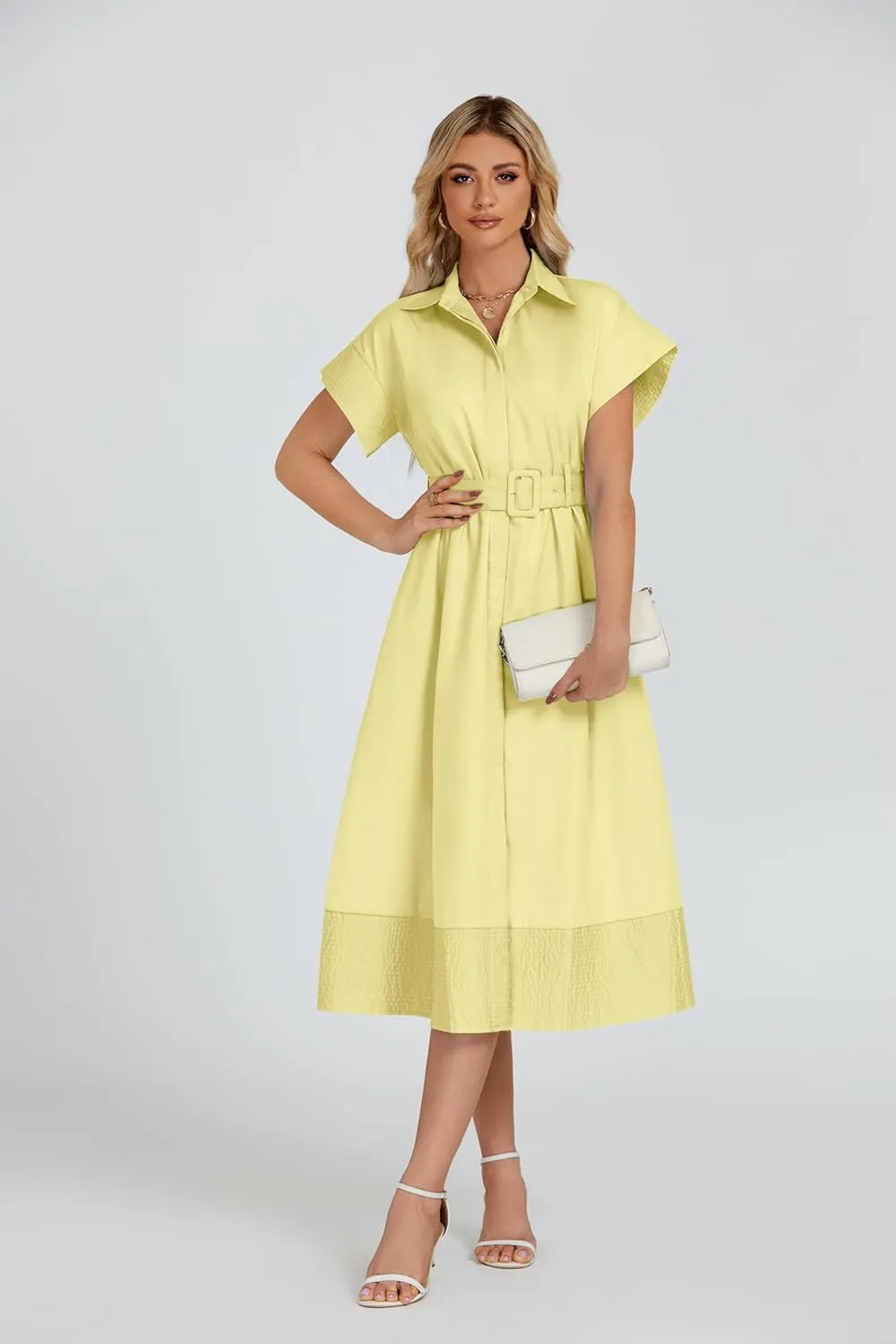 Ladyful Women Casual Button Down Shirt Dress Short Wing Sleeve Buiness Midi Shirt Dress with Belt Elegant Dress