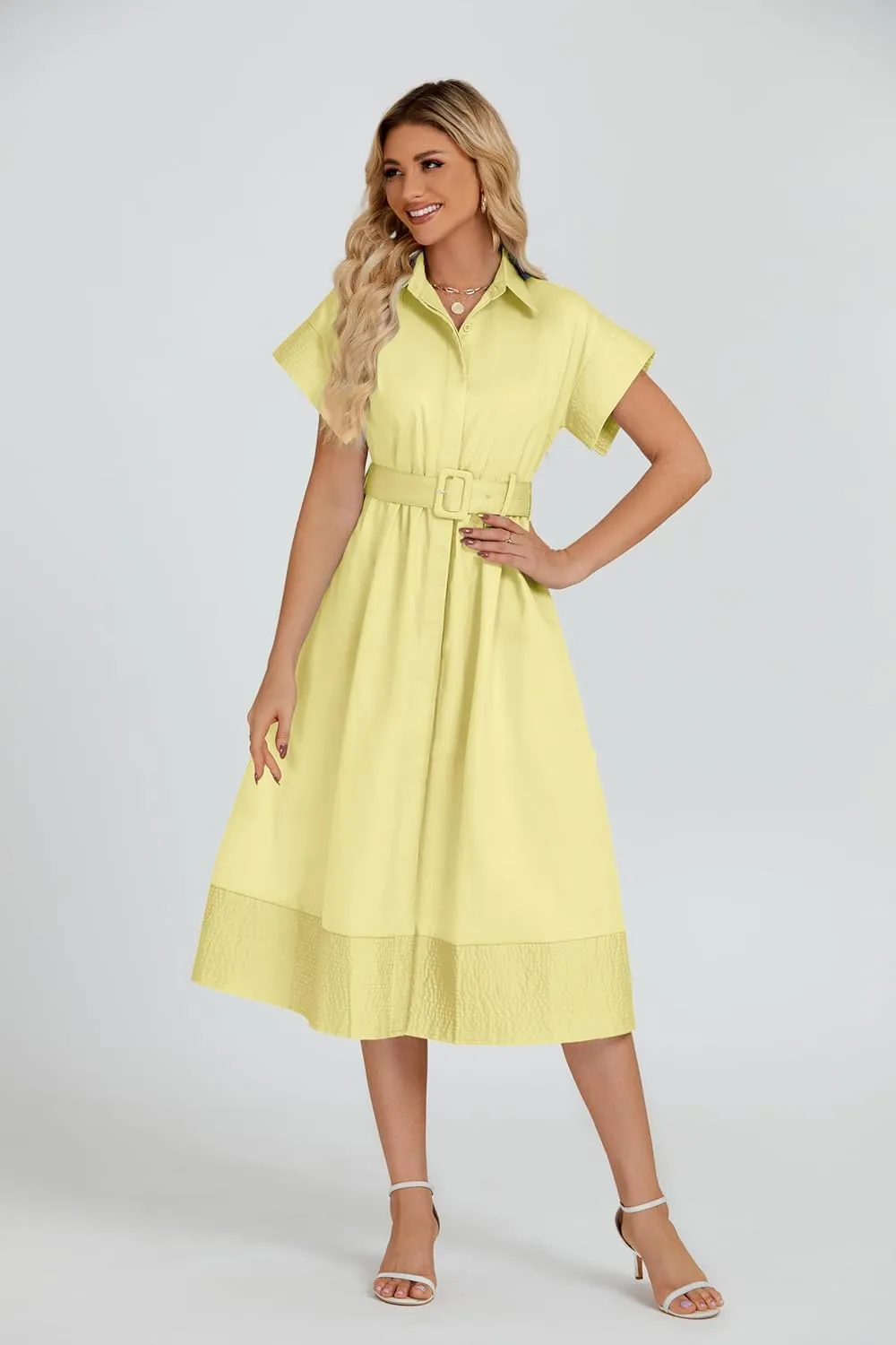 Ladyful Women Casual Button Down Shirt Dress Short Wing Sleeve Buiness Midi Shirt Dress with Belt Elegant Dress