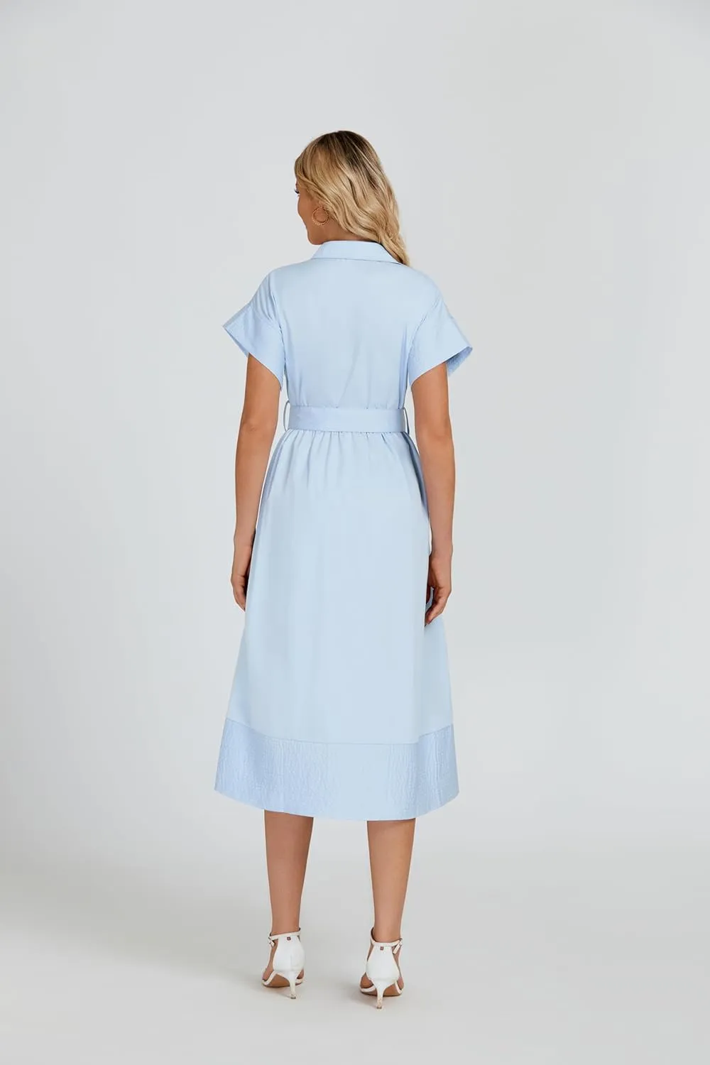 Ladyful Women Casual Button Down Shirt Dress Short Wing Sleeve Buiness Midi Shirt Dress with Belt Elegant Dress