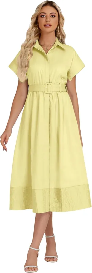 Ladyful Women Casual Button Down Shirt Dress Short Wing Sleeve Buiness Midi Shirt Dress with Belt Elegant Dress