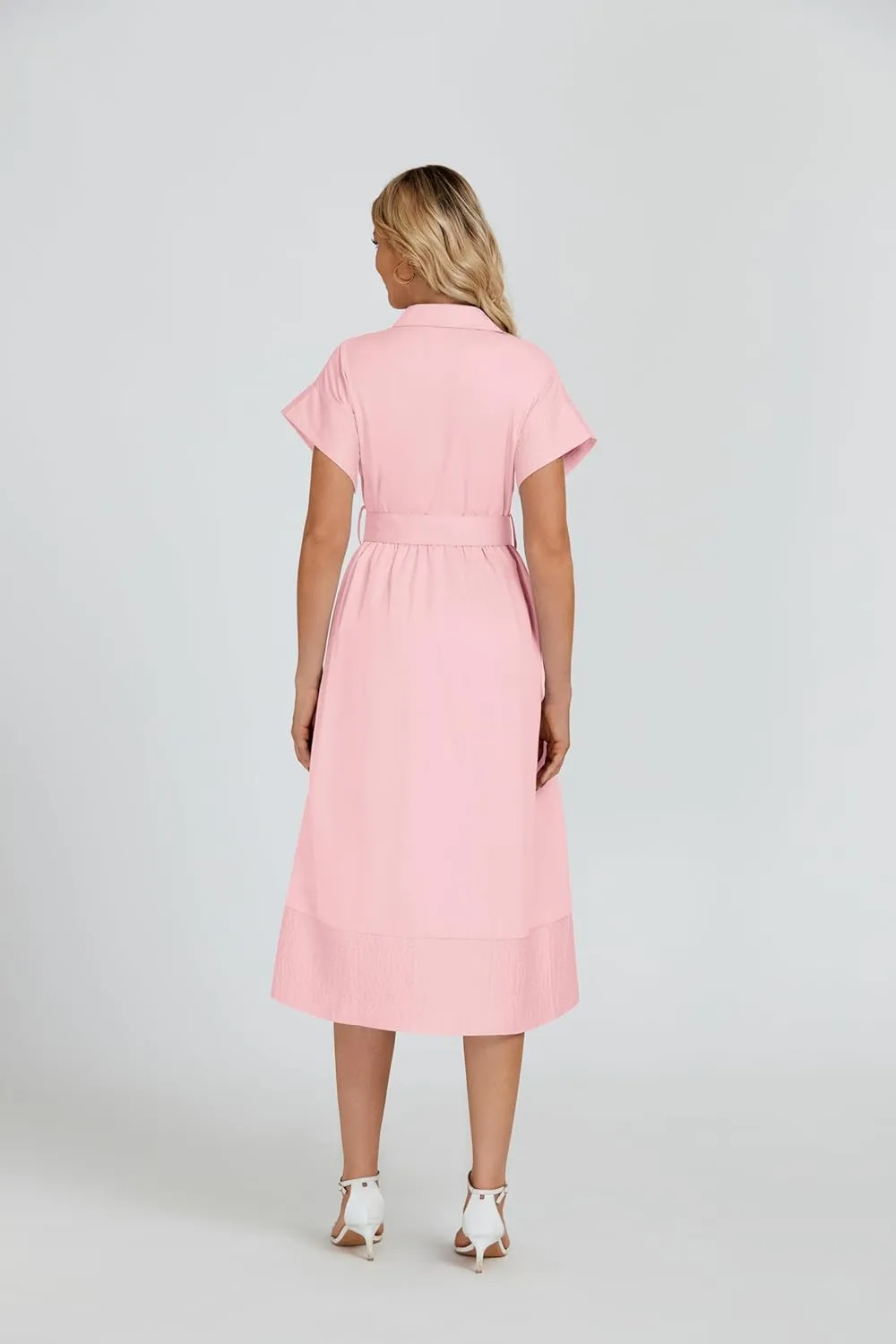 Ladyful Women Casual Button Down Shirt Dress Short Wing Sleeve Buiness Midi Shirt Dress with Belt Elegant Dress
