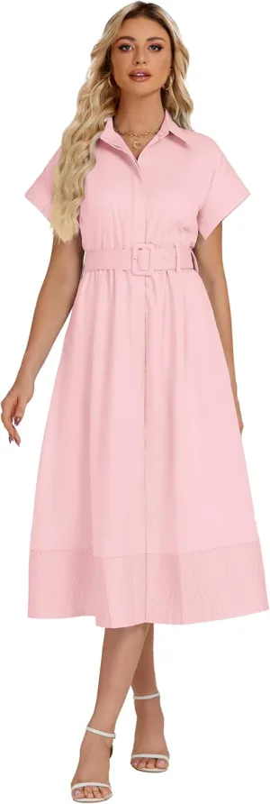 Ladyful Women Casual Button Down Shirt Dress Short Wing Sleeve Buiness Midi Shirt Dress with Belt Elegant Dress