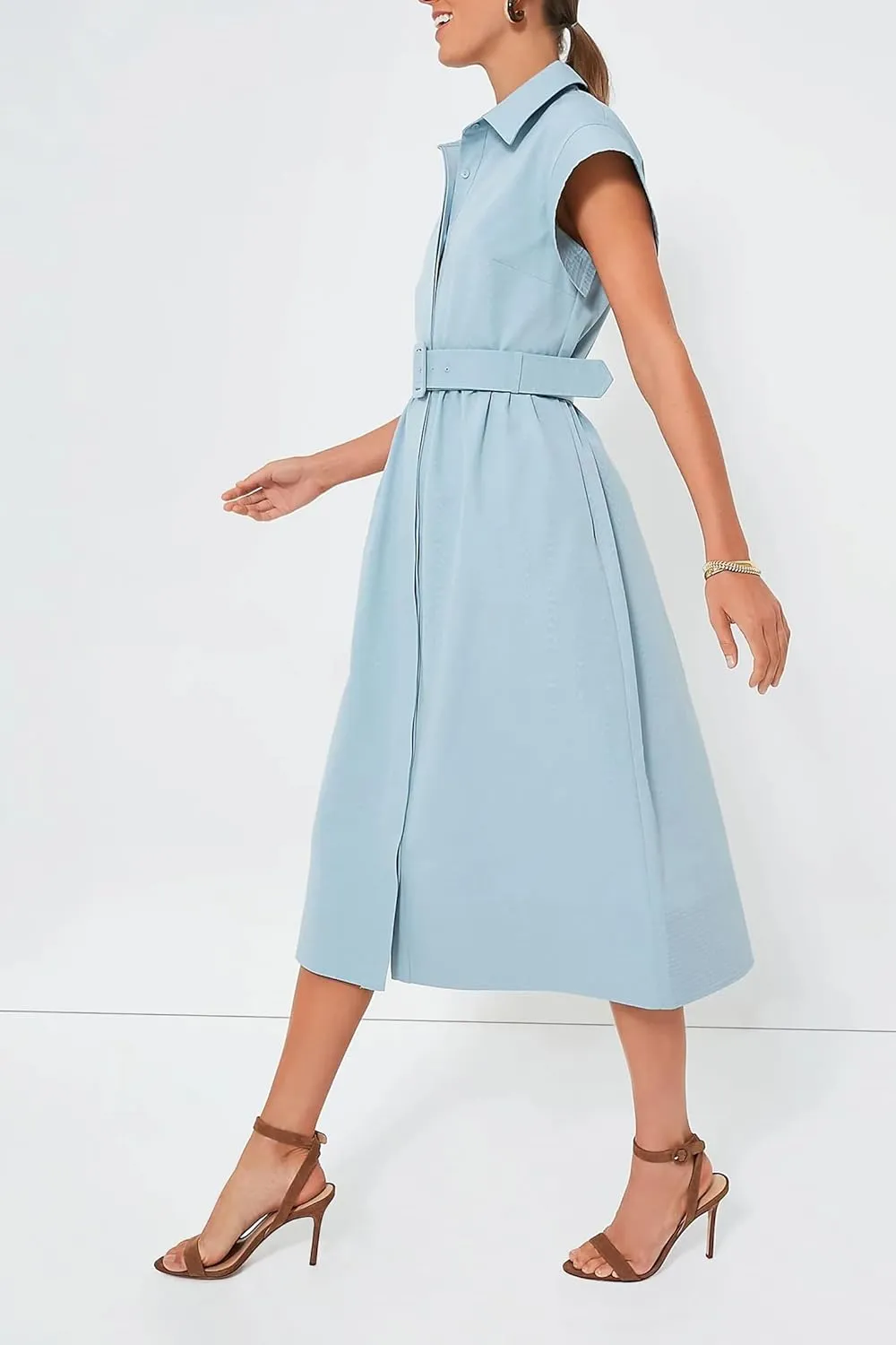 Ladyful Women Casual Button Down Shirt Dress Short Wing Sleeve Buiness Midi Shirt Dress with Belt Elegant Dress
