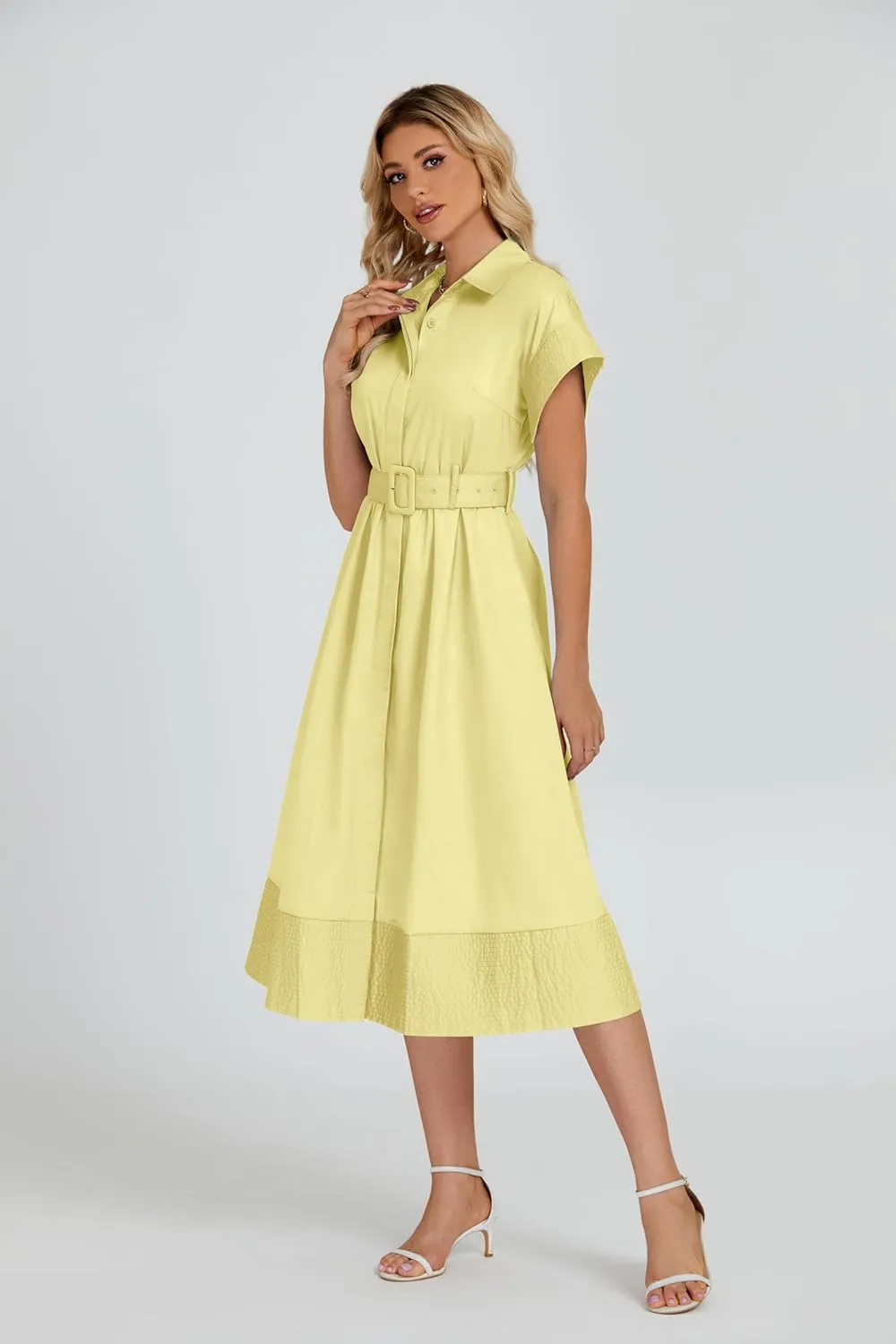 Ladyful Women Casual Button Down Shirt Dress Short Wing Sleeve Buiness Midi Shirt Dress with Belt Elegant Dress