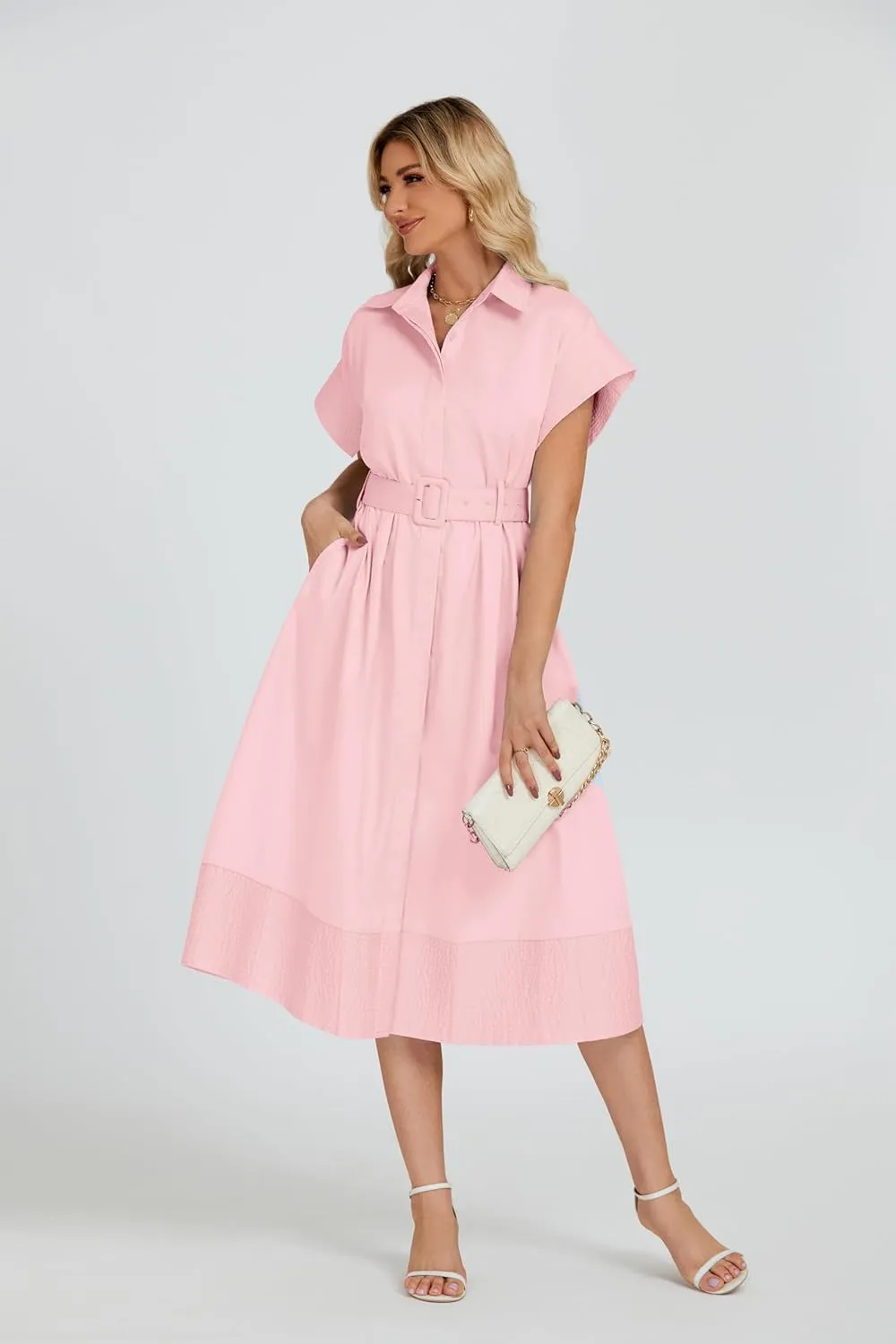 Ladyful Women Casual Button Down Shirt Dress Short Wing Sleeve Buiness Midi Shirt Dress with Belt Elegant Dress