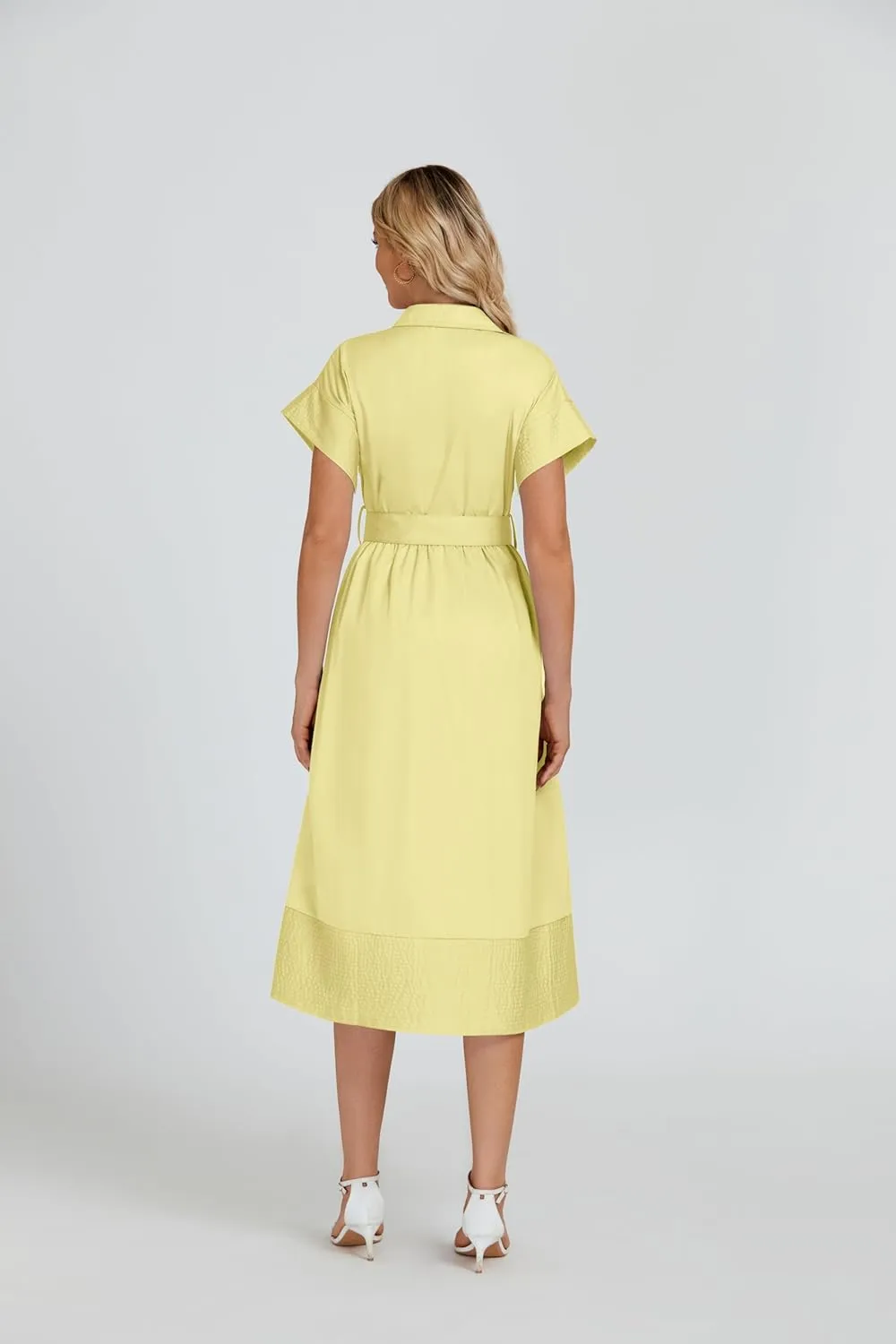 Ladyful Women Casual Button Down Shirt Dress Short Wing Sleeve Buiness Midi Shirt Dress with Belt Elegant Dress