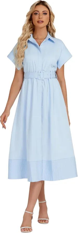 Ladyful Women Casual Button Down Shirt Dress Short Wing Sleeve Buiness Midi Shirt Dress with Belt Elegant Dress