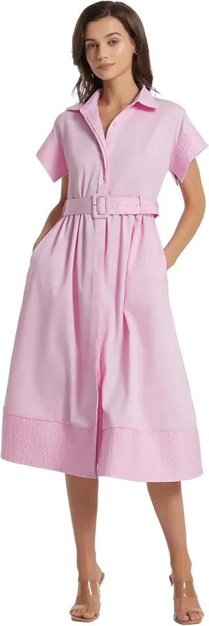 Ladyful Women Casual Button Down Shirt Dress Short Wing Sleeve Buiness Midi Shirt Dress with Belt Elegant Dress