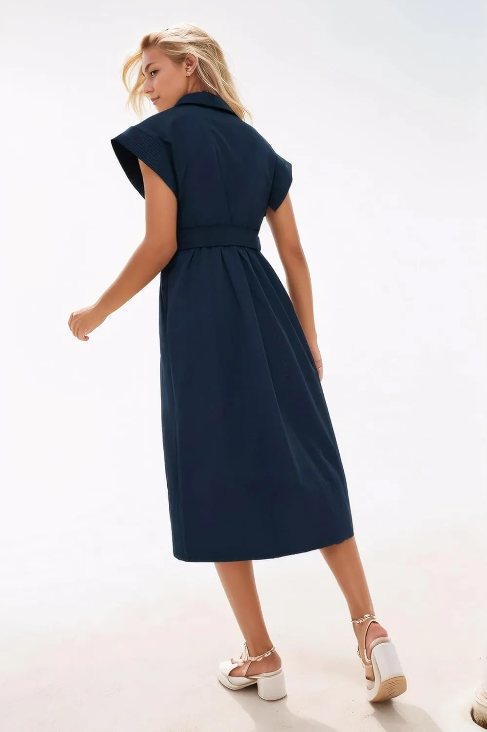 Ladyful Women Casual Button Down Shirt Dress Short Wing Sleeve Buiness Midi Shirt Dress with Belt Elegant Dress