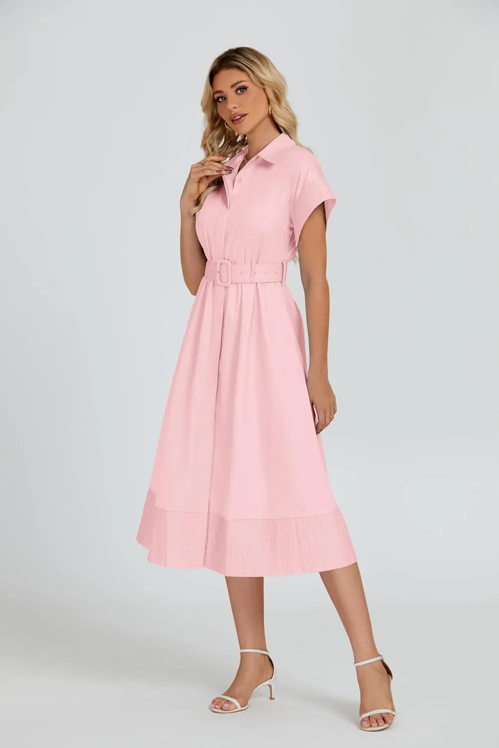 Ladyful Women Casual Button Down Shirt Dress Short Wing Sleeve Buiness Midi Shirt Dress with Belt Elegant Dress