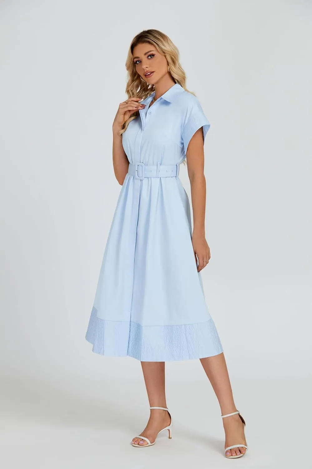 Ladyful Women Casual Button Down Shirt Dress Short Wing Sleeve Buiness Midi Shirt Dress with Belt Elegant Dress