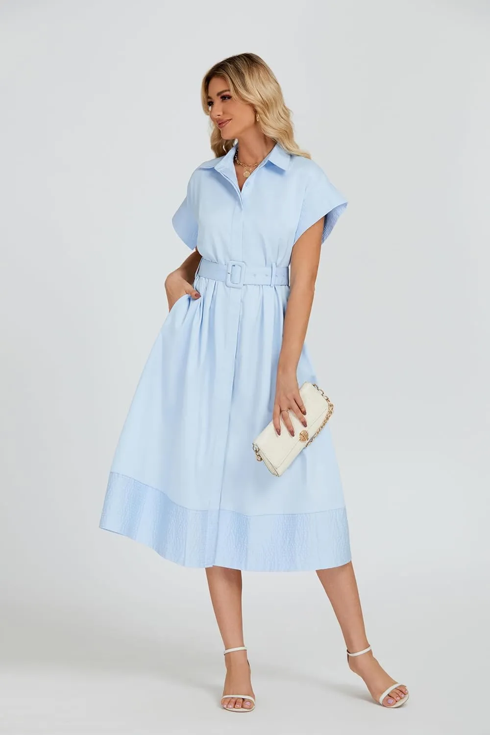 Ladyful Women Casual Button Down Shirt Dress Short Wing Sleeve Buiness Midi Shirt Dress with Belt Elegant Dress