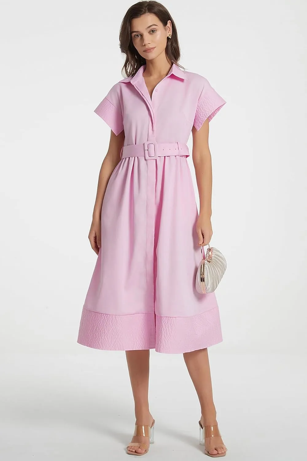 Ladyful Women Casual Button Down Shirt Dress Short Wing Sleeve Buiness Midi Shirt Dress with Belt Elegant Dress