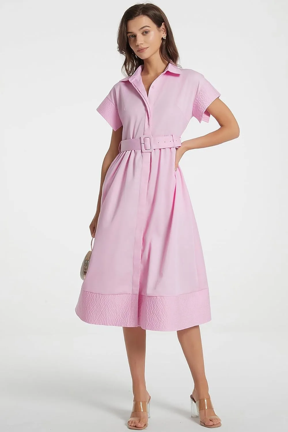 Ladyful Women Casual Button Down Shirt Dress Short Wing Sleeve Buiness Midi Shirt Dress with Belt Elegant Dress
