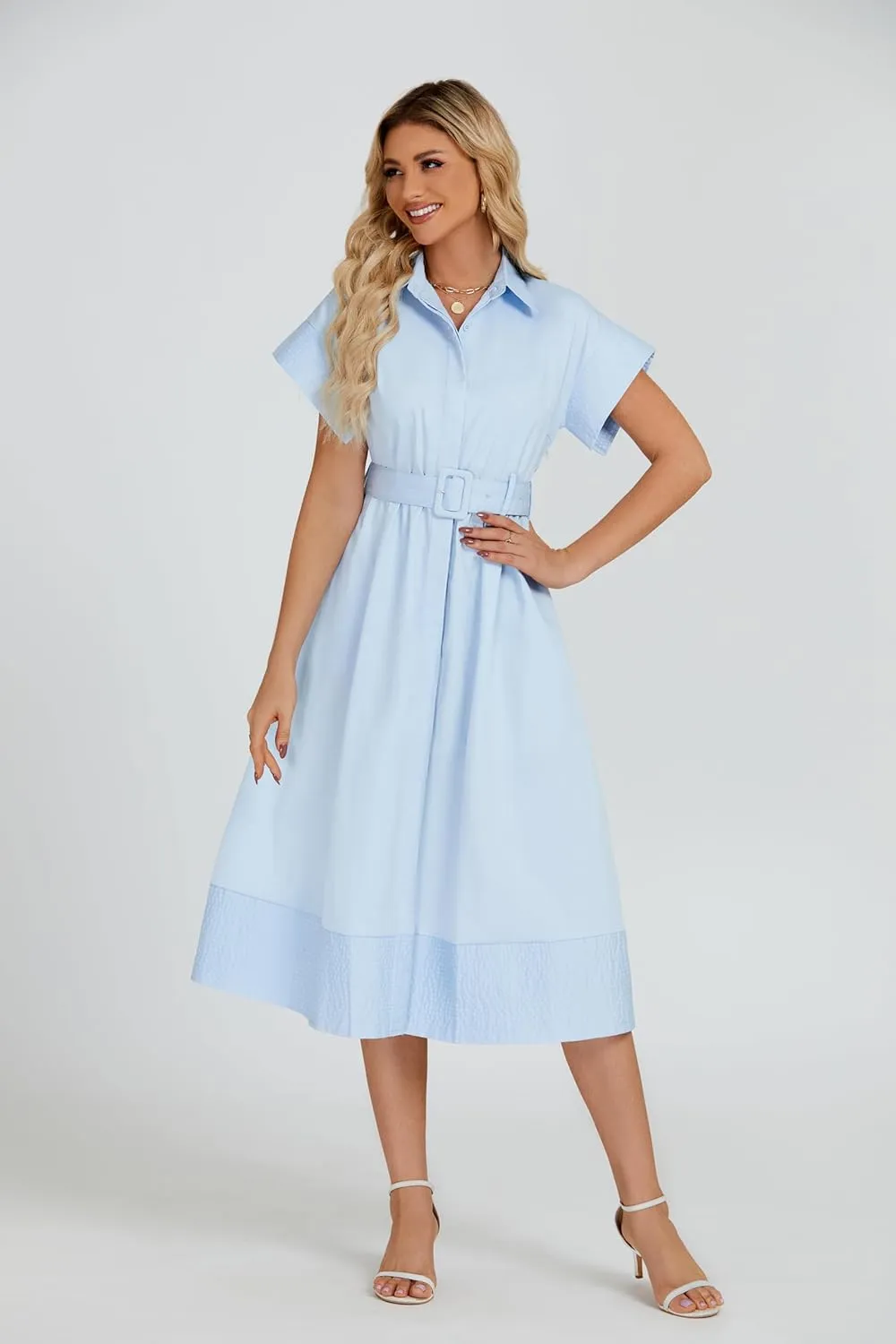 Ladyful Women Casual Button Down Shirt Dress Short Wing Sleeve Buiness Midi Shirt Dress with Belt Elegant Dress