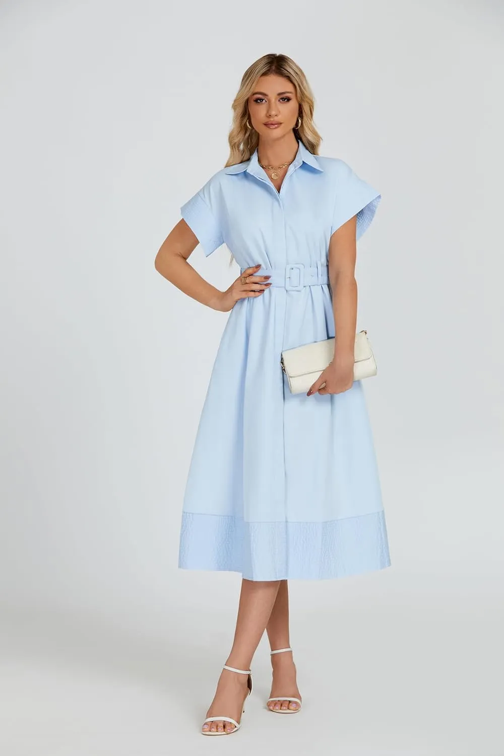 Ladyful Women Casual Button Down Shirt Dress Short Wing Sleeve Buiness Midi Shirt Dress with Belt Elegant Dress