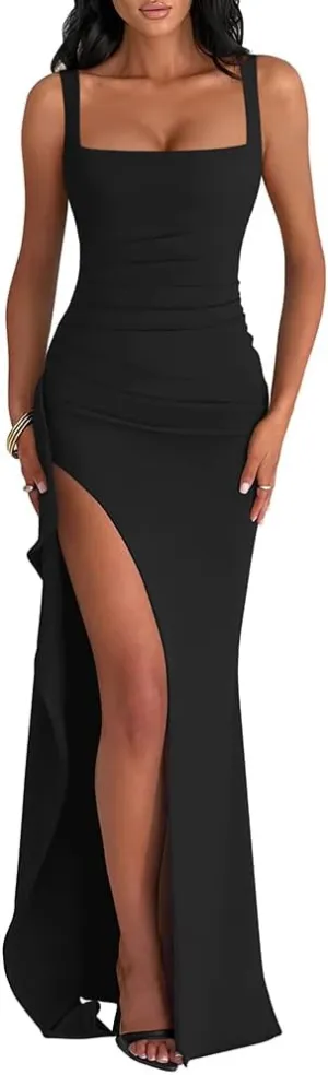 LAGSHIAN Women's Elegant Square Neck Sleeveless Bodycon High Split Ruched Long Formal Evening Dress