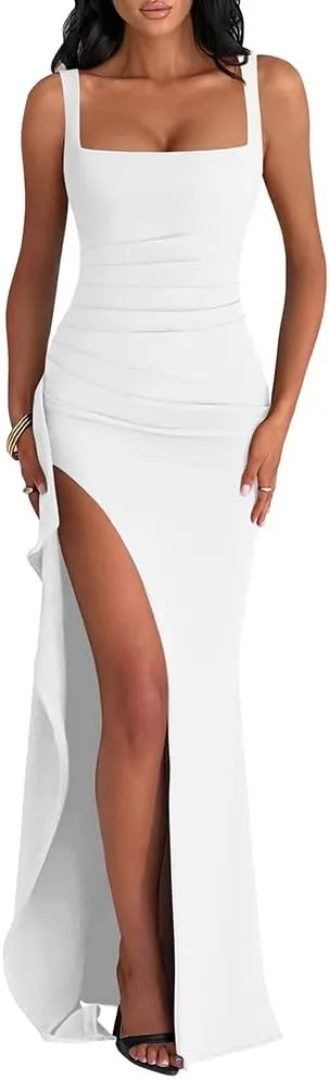 LAGSHIAN Women's Elegant Square Neck Sleeveless Bodycon High Split Ruched Long Formal Evening Dress