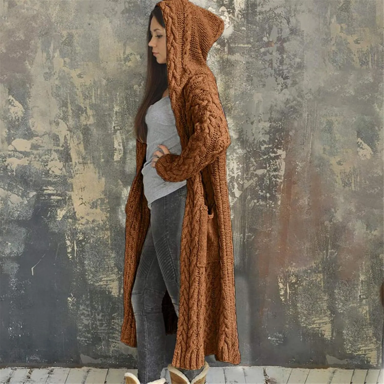 Lastesso 2023 Fall Cardigan for Women Soft Long Knit Overcoat Oversize Open Front Cable Knit Hooded Coat Trendy Sweater