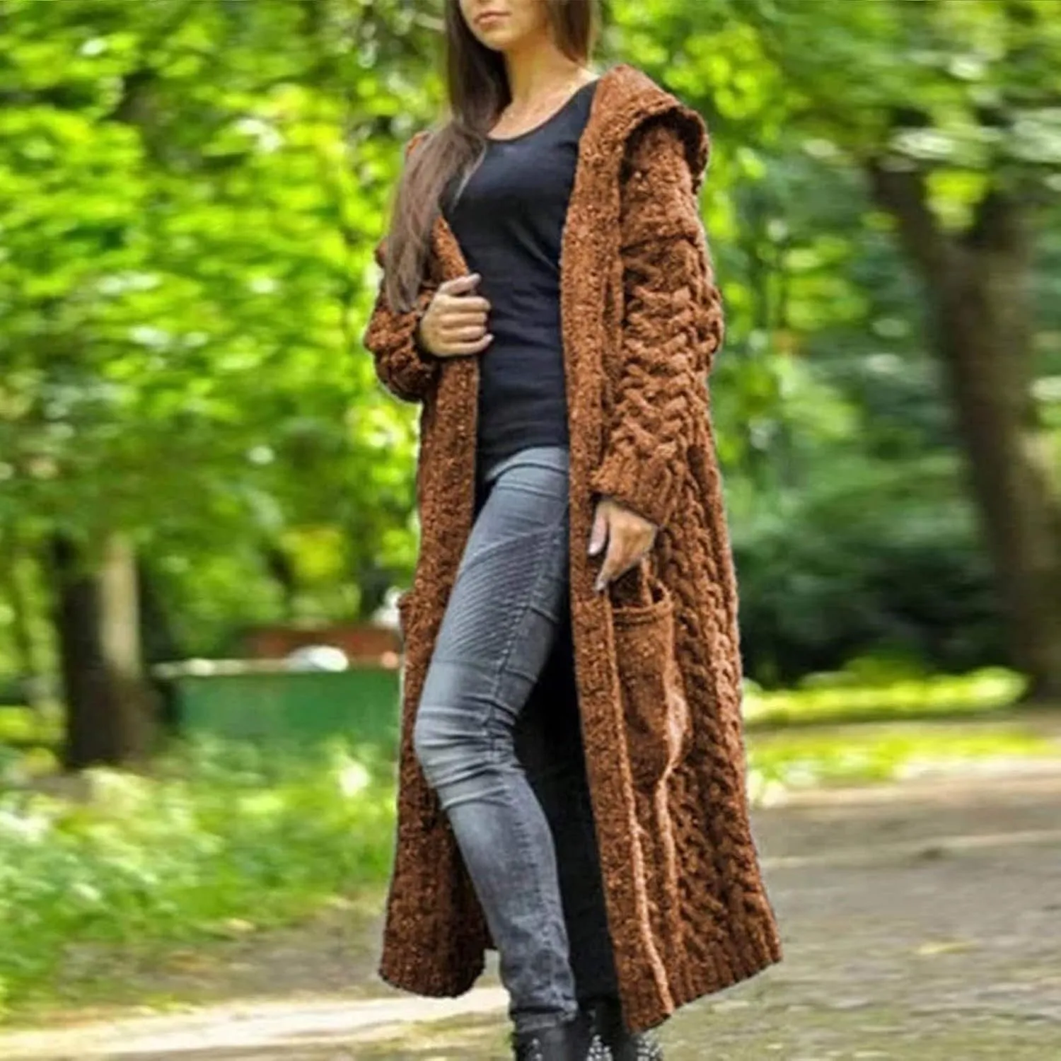 Lastesso 2023 Fall Cardigan for Women Soft Long Knit Overcoat Oversize Open Front Cable Knit Hooded Coat Trendy Sweater