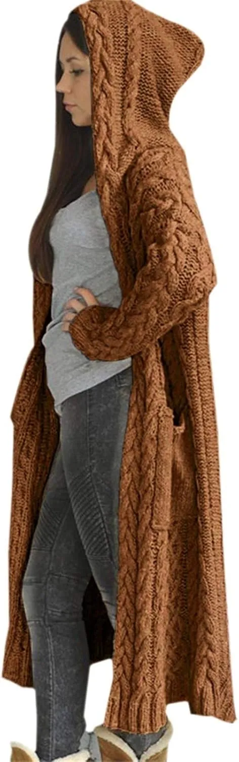 Lastesso 2023 Fall Cardigan for Women Soft Long Knit Overcoat Oversize Open Front Cable Knit Hooded Coat Trendy Sweater