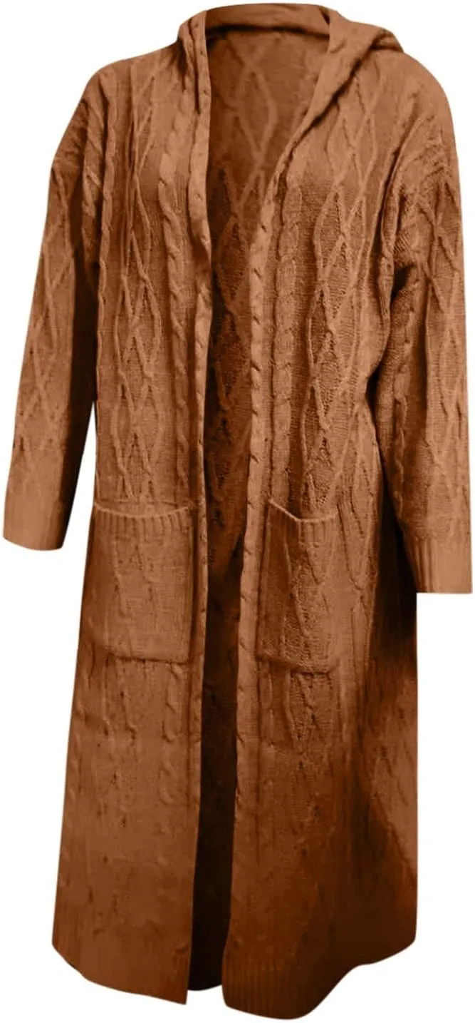 Lastesso 2023 Fall Cardigan for Women Soft Long Knit Overcoat Oversize Open Front Cable Knit Hooded Coat Trendy Sweater