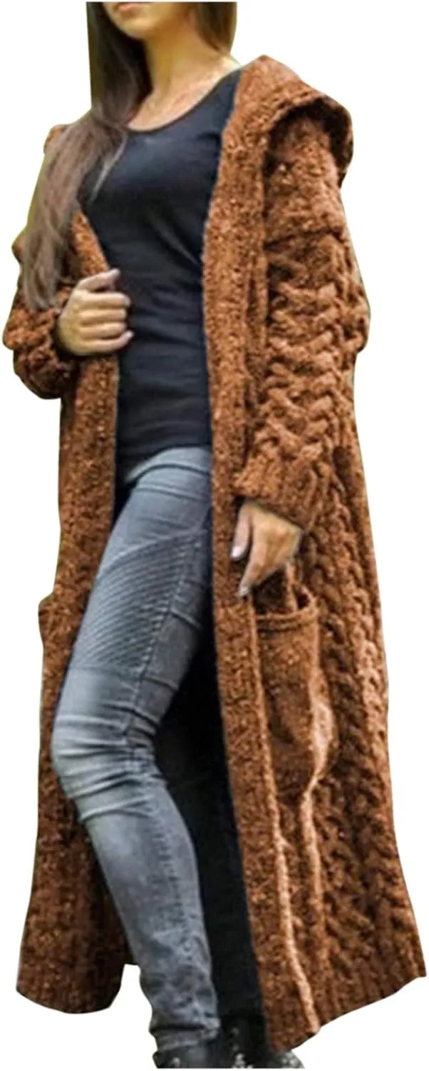 Lastesso 2023 Fall Cardigan for Women Soft Long Knit Overcoat Oversize Open Front Cable Knit Hooded Coat Trendy Sweater