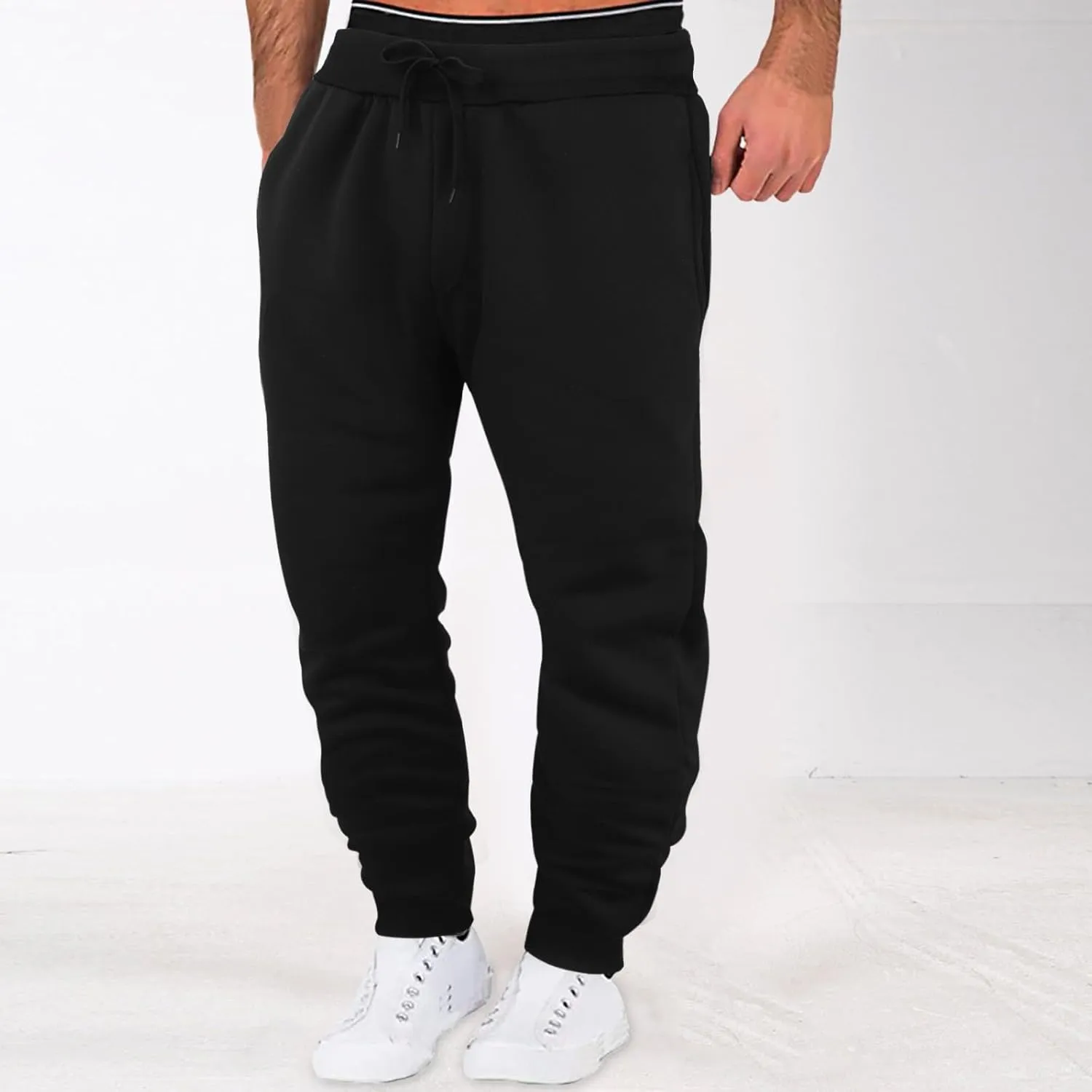 LCMTWX Black Cargo Pants Men Elastic Drawstring Cotton Pants Waist Waist Mid Casual Solid Men's Casual Black Sweatpants Men