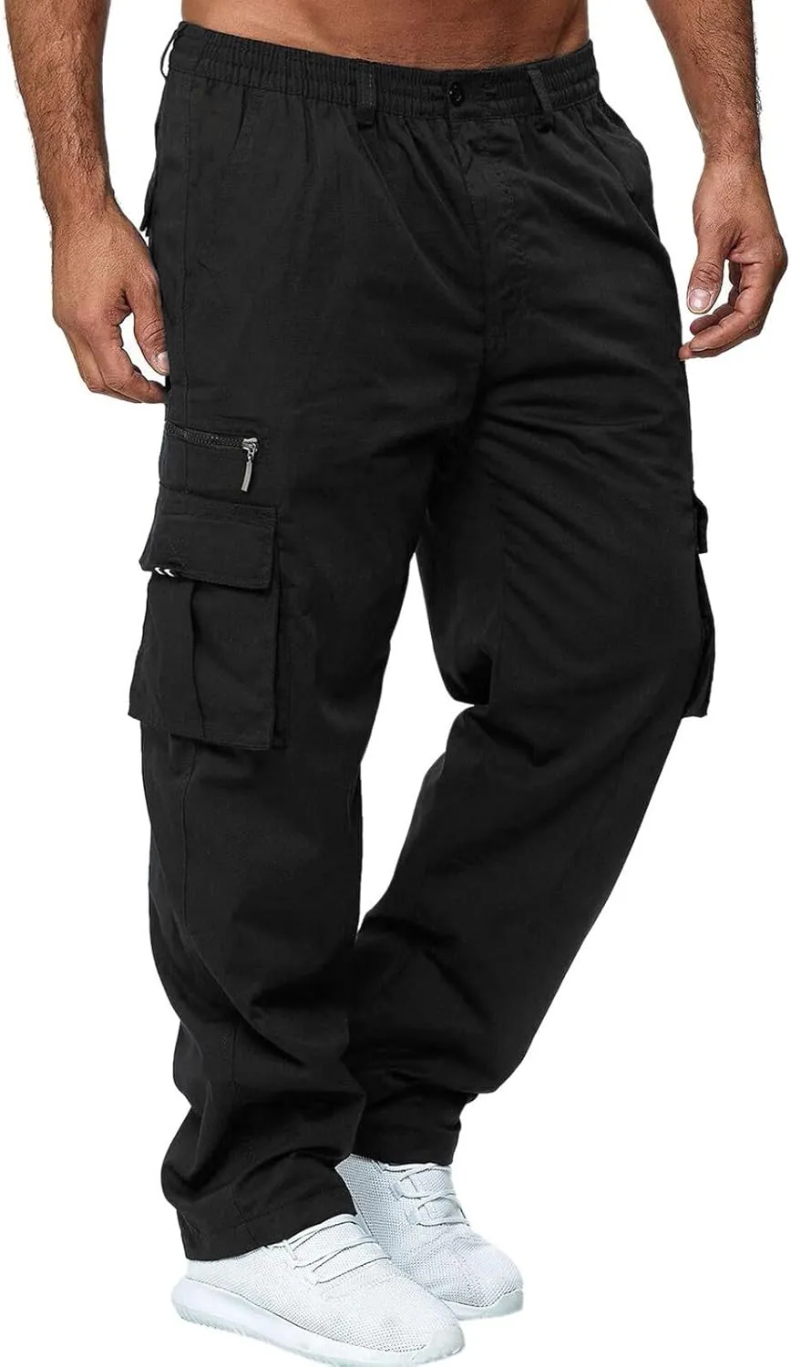 LCMTWX Black Cargo Pants Men Elastic Drawstring Cotton Pants Waist Waist Mid Casual Solid Men's Casual Black Sweatpants Men