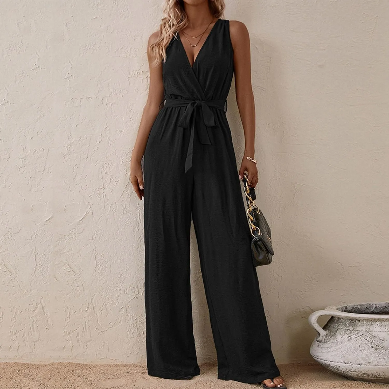Linen Jumpsuits for Women Dressy Deep V Neck Sleeveless Belted Loose Fit Overalls Wide Leg Palazzo Summer Beach Flowy Pants
