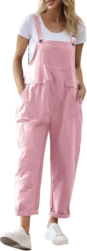 Linen Overalls for Women Cropped Bib Overalls Sleeveless One Piece Jumpsuits Button Straps Summer Jumpers with Pockets