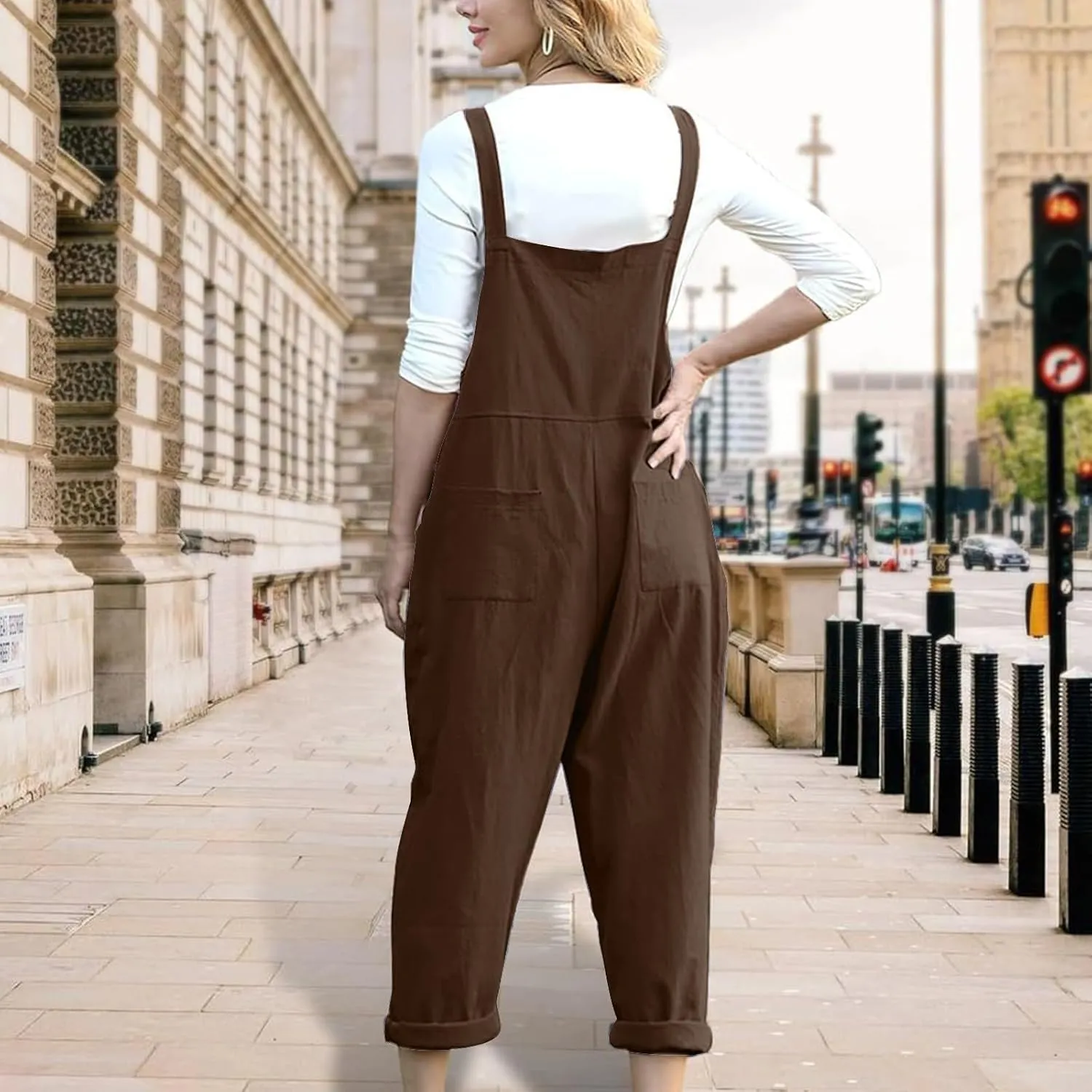 Linen Overalls for Women Cropped Bib Overalls Sleeveless One Piece Jumpsuits Button Straps Summer Jumpers with Pockets