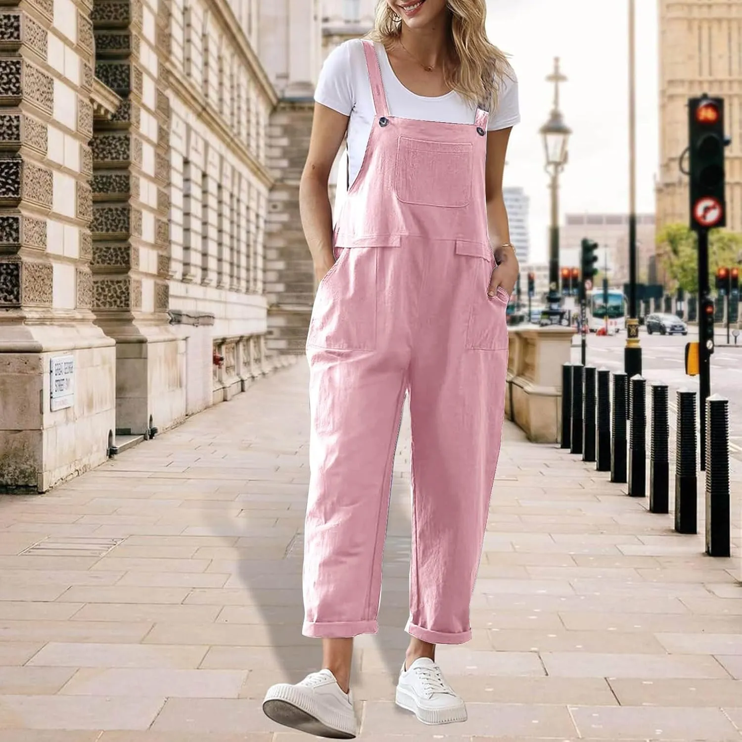 Linen Overalls for Women Cropped Bib Overalls Sleeveless One Piece Jumpsuits Button Straps Summer Jumpers with Pockets