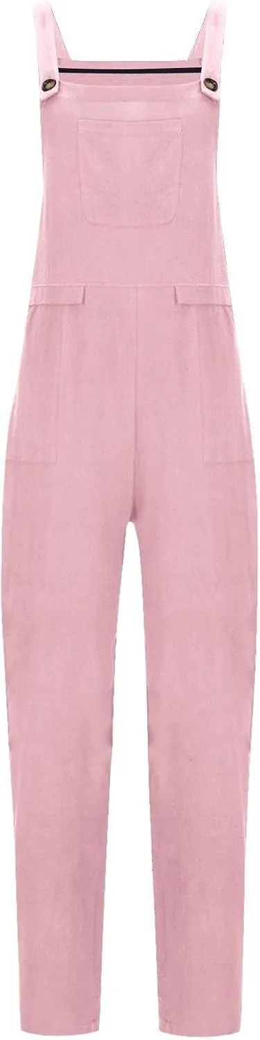 Linen Overalls for Women Cropped Bib Overalls Sleeveless One Piece Jumpsuits Button Straps Summer Jumpers with Pockets