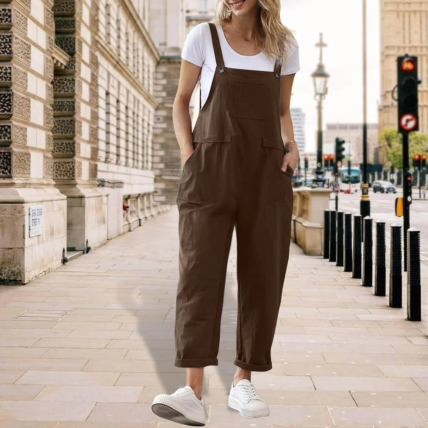 Linen Overalls for Women Cropped Bib Overalls Sleeveless One Piece Jumpsuits Button Straps Summer Jumpers with Pockets