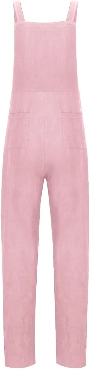 Linen Overalls for Women Cropped Bib Overalls Sleeveless One Piece Jumpsuits Button Straps Summer Jumpers with Pockets