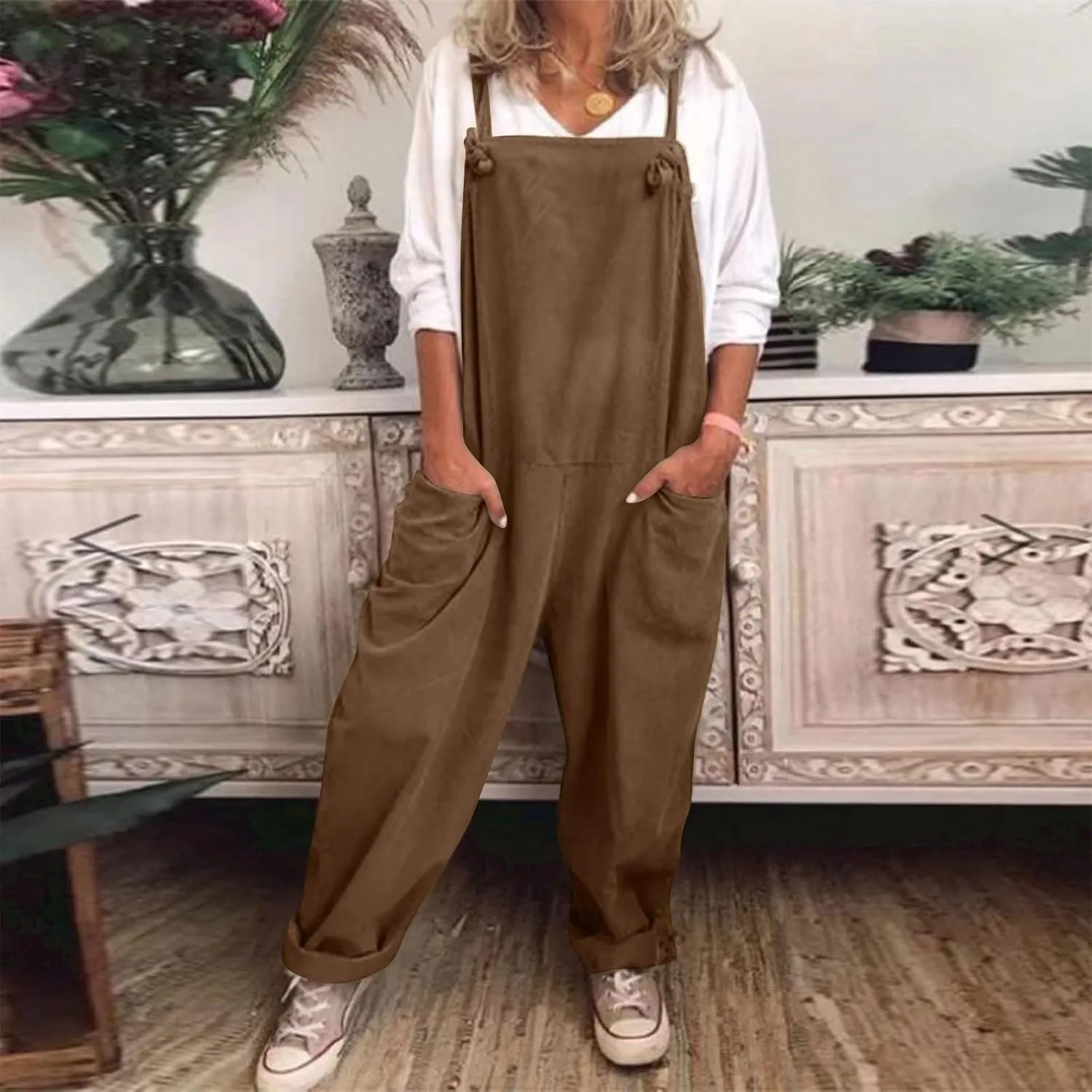 Linen Overalls for Women Plus Size Sleeveless Jumpsuits Loose Fit Adjustable Straps Rompers Beach Flowy Pants with Pockets