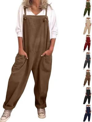 Linen Overalls for Women Plus Size Sleeveless Jumpsuits Loose Fit Adjustable Straps Rompers Beach Flowy Pants with Pockets