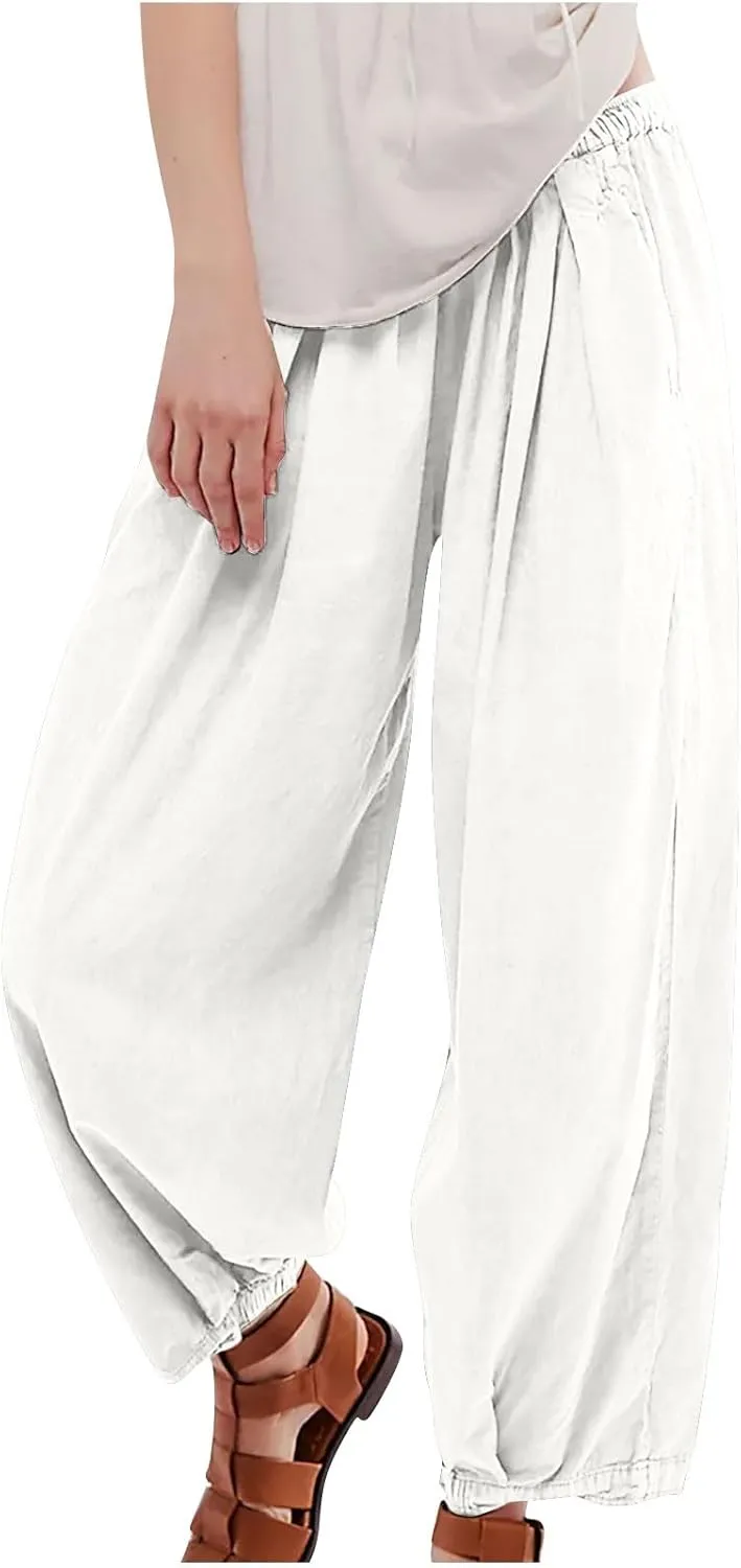 Linen Pants Womens High Waist Loose Fit Beach Pants Casual Wide Leg Pants with Pockets Summer Fashion Lounges 2025