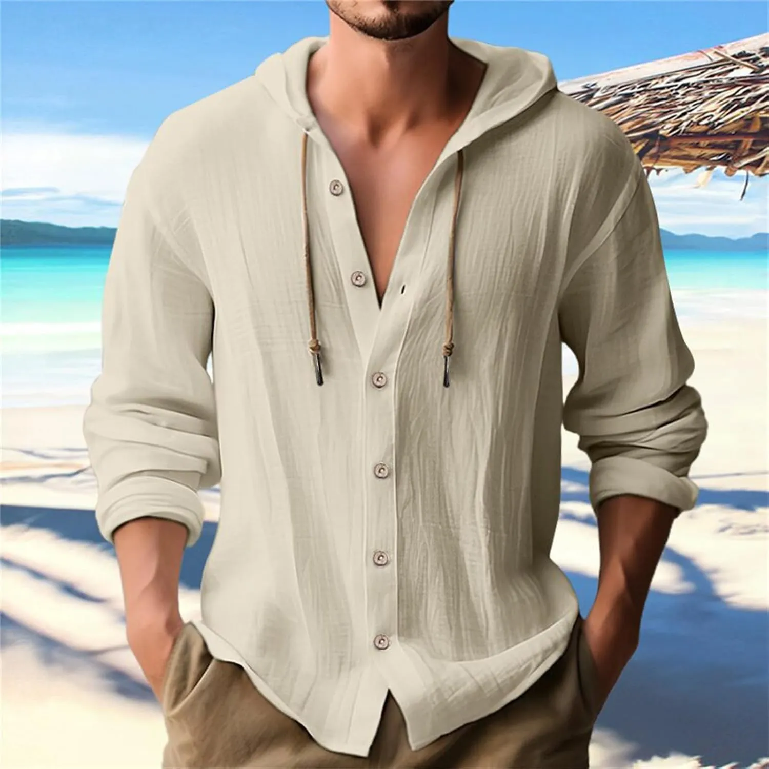 Linen Shirts for Men Casual Button Shirts Summer Cotton Linen Drawstring Hoodie Beach Long Sleeve Shirts Top with Hood