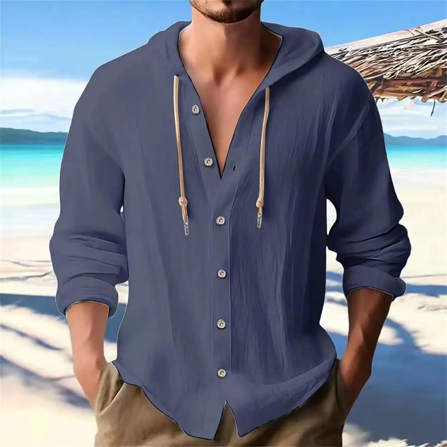 Linen Shirts for Men Casual Button Shirts Summer Cotton Linen Drawstring Hoodie Beach Long Sleeve Shirts Top with Hood