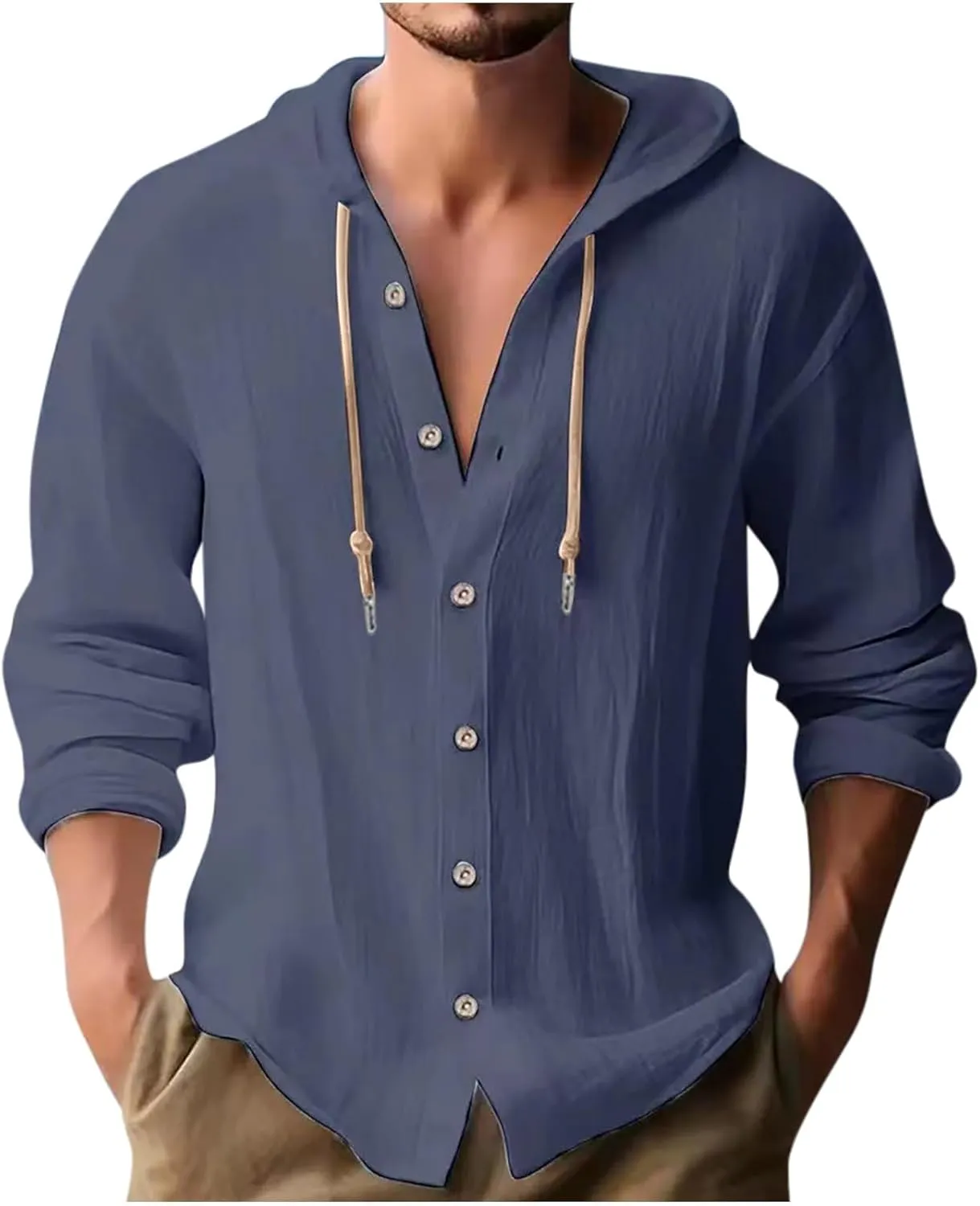 Linen Shirts for Men Casual Button Shirts Summer Cotton Linen Drawstring Hoodie Beach Long Sleeve Shirts Top with Hood