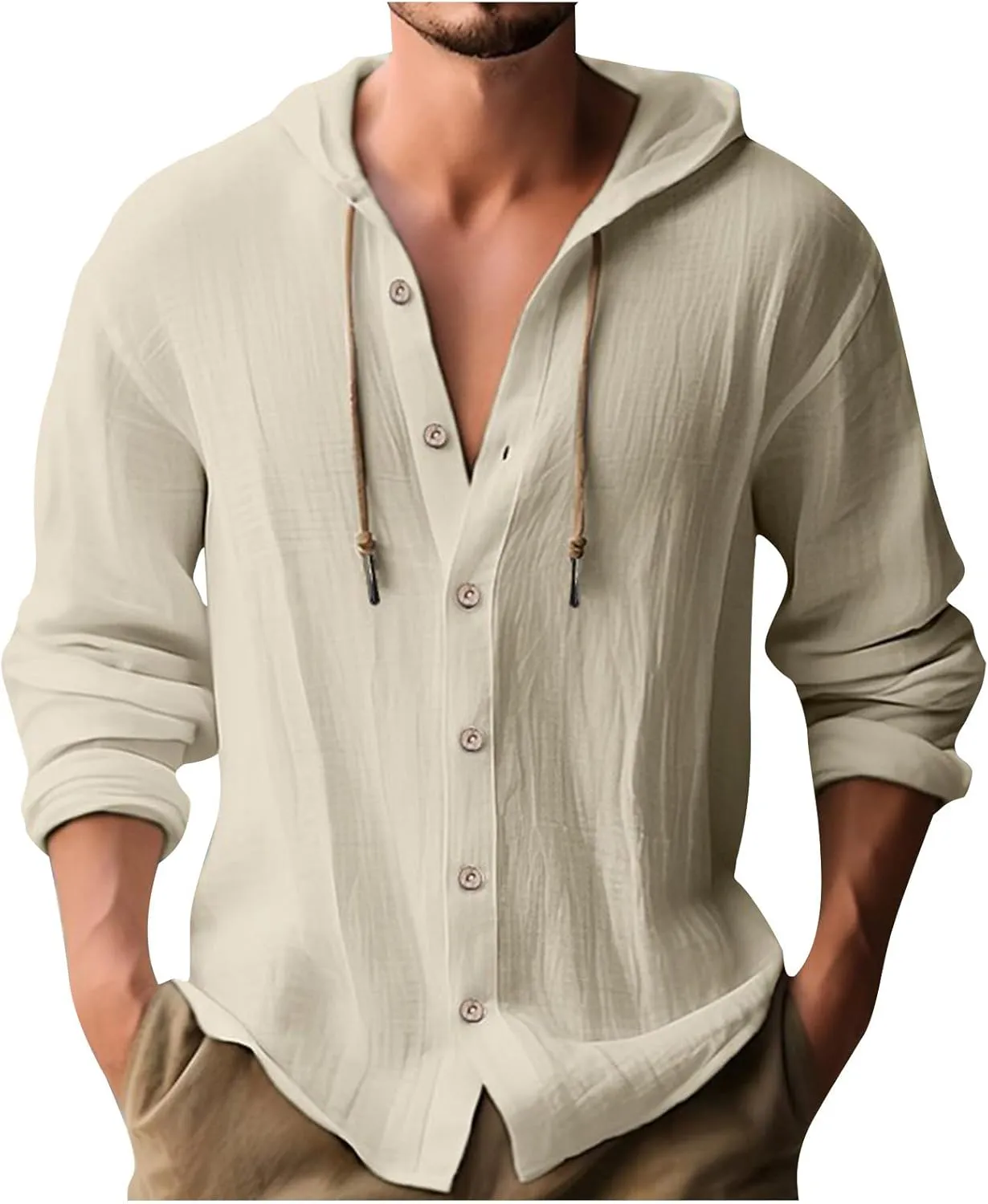 Linen Shirts for Men Casual Button Shirts Summer Cotton Linen Drawstring Hoodie Beach Long Sleeve Shirts Top with Hood
